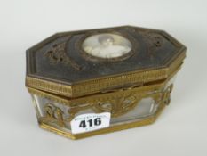 A nineteenth century glass & yellow metal casket, the lid with circular signed portrait cameo