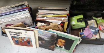 Quantity of LP records & gramophone records together with a black deed tin with puppet & Tonka-