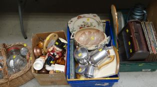 Four boxes of mixed items including LP records, Piquot ware teaset & a basket of household jars