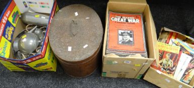 A quantity of The Second Great War periodicals, Commando War comics & similar, a vintage tin hat box