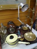 A set of vintage Avery scales, two polished mantel clocks, an angle-poise lamp ETC Condition reports