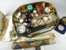 Parcel of collectables including pocket watches, wristwatches, old golf balls & a Japanese carved