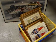 A parcel of prints, a book on gnomes & a motor racing print Condition reports provided on request by