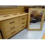 A suite of modern lightwood furniture comprising pair of bedside tables, chest / sideboard &