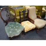 A good quality antique balloon back chair with elaborate carving together with a low armchair &