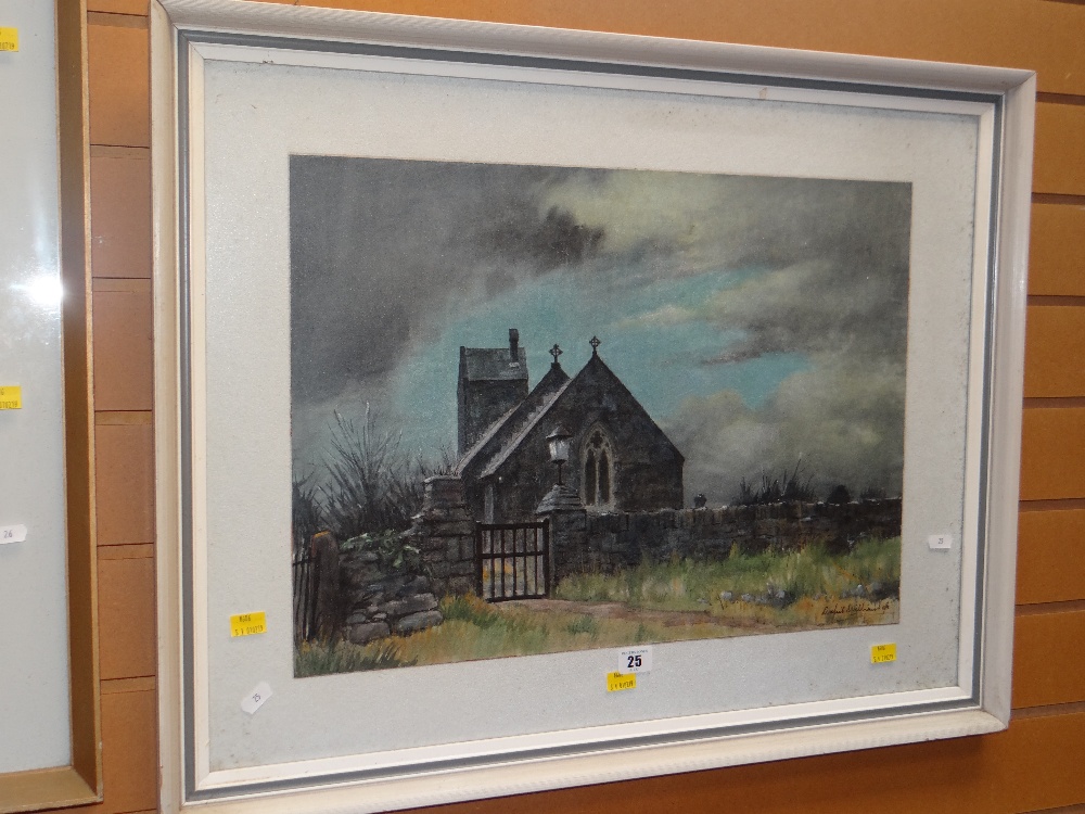 ARCHIE WILLIAMS watercolour painting of a church at night, signed & dated 1980, 40 x 55cms Condition