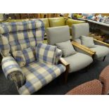 A pair of wooden framed armchairs & a tartan covered wingback armchair Condition reports provided on