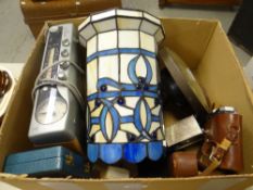 Box of modern household items including lighting, a Nettar vintage camera ETC Condition reports