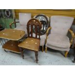 A mid century two-tier tea trolley, an ecclesiastical-style hall chair, three chairs & a mirror