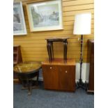 A metal standard lamp & shade, two kidney shaped chairs, cupboard, marquetry table, bookcase,