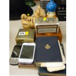 Two mobile phones, three decorative trinket boxes etc