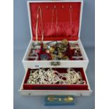 Quantity of costume jewellery and simulated pearls in a vintage jewellery box