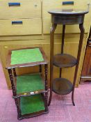 Edwardian inlaid mahogany three tier planter stand and a reproduction mahogany square stand with