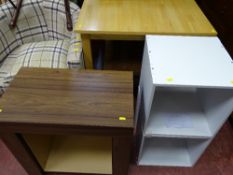 Two melamine storage cubes, a modern light wood dining table and a rosewood effect entertainment
