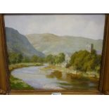 J MILNER oil on board - river scene with church in the background, signed, 24 x 29 cms