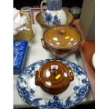 Stoneware mixing bowl, two lidded crocks, a blue and white wash jug etc