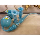 Victorian blue opaline glass pipe, two vases and a jug