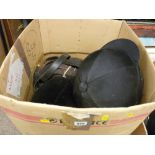 Two horse riding hats, a quantity of bits, leads, straps etc