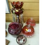 Victorian ruby glass lustre, two cranberry glass bowls with covers, an art glass vase and a small
