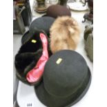 Three vintage bowler hats and two lady's fur hats