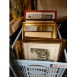 Plastic crate of framed pictures and prints