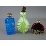 Three coloured glass scent bottles