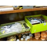 Mixed box of collectables and a quantity of loose cutlery in a tray