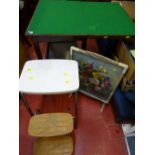 Foldover baize top trolley, firescreen and a two tread stepstool