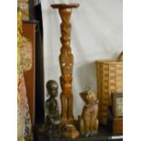 Maori type figural smoker's stand, a tribal carving of a woman and a modern cat