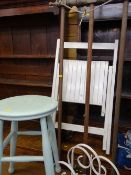 Vintage hanging linen airer, painted folding chair and stool, modern CD storage rack and a wrought