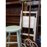 Vintage hanging linen airer, painted folding chair and stool, modern CD storage rack and a wrought