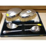 Pair of silver gent's dressing table brushes and a cased pair of EPNS servers