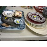 Two Venetian glass ruby red plates, quantity of pottery tableware etc