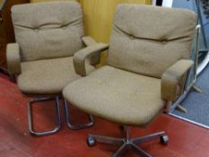 Hopsack toffee coloured upholstered office chair having chrome arms and swivel base and another