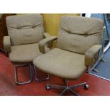 Hopsack toffee coloured upholstered office chair having chrome arms and swivel base and another