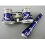 Set of aluminium and enamel decorated opera glasses, the mother of pearl tops marked 'O H Meder