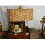 Ceramic tile showing a gentleman in period clothing, an oak letter rack, a carved wooden box and a