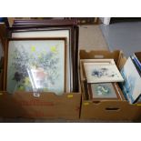 Quantity of framed pictures and prints in two boxes