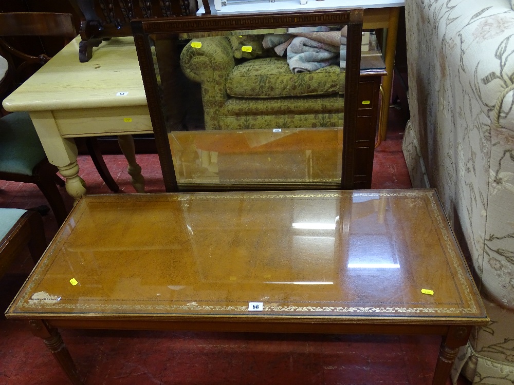 Reproduction gilt tooled leather topped Long John coffee table and a modern mahogany framed wall