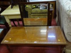 Reproduction gilt tooled leather topped Long John coffee table and a modern mahogany framed wall