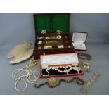 Quantity of vintage and other costume jewellery and buttons in a vintage oak box and various