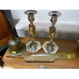 Pair of EP candlesticks, vintage hand bell etc