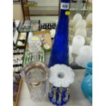Cameo glass candlestick lustre, an EP mounted celery jar, large twist Bristol blue type bottle