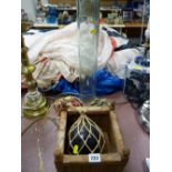 Three glass fishing net floats, pasta storage jar etc