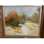 LENA CALLISTER oil on board - titled 'Heswall Dales in Winter', signed