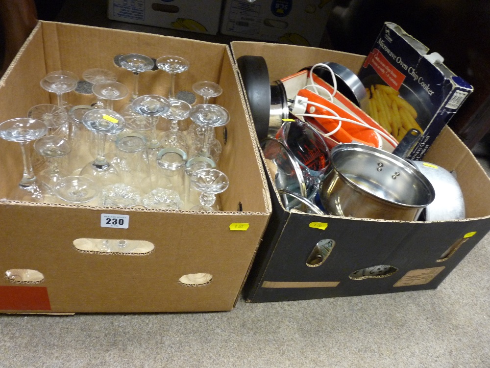 Good box of kitchen cookware and a quantity of drinking glassware