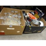 Good box of kitchen cookware and a quantity of drinking glassware