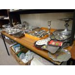 Quantity of EP ware, loose selection of cutlery, three cast iron trivet stands etc