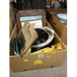 Box of vintage gramophone records and LP records, various artists