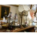 Four modern table lamps, two model boats displays etc